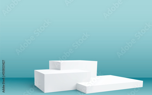 Minimalistic composition featuring three white rectangular prisms of varying heights against a soft gradient blue background. Ideal for product displays, 3D mockups, and modern design concepts.