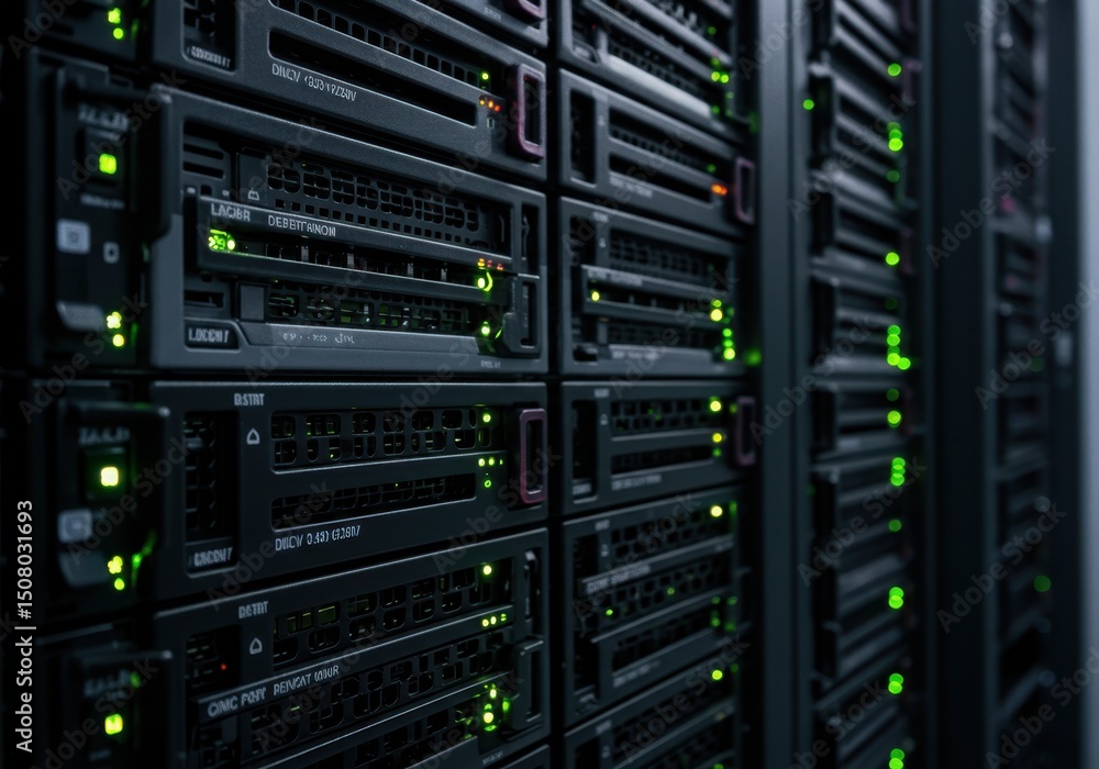 Server racks with green lights indicating operation in a data center environment Server racks with green lights indicating operation in a data center environment