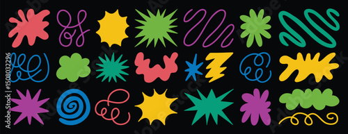  Groovy funky abstract elements trendy funky set. Star, flower, cloud shape, line sticker pack, waves. Trendy retro 60s 70s 90s 00s cartoon style.