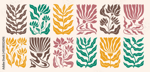 Trendy minimal flower leaves Matisse style posters. Contemporary floral template. Plants posters for interior decoration, banner, cover, postcard.