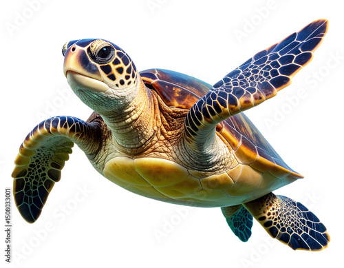Fototapeta Naklejka Na Ścianę i Meble -  Close-up of Green Sea Turtle Head and Flipper in Motion, Isolated Transparent PNG