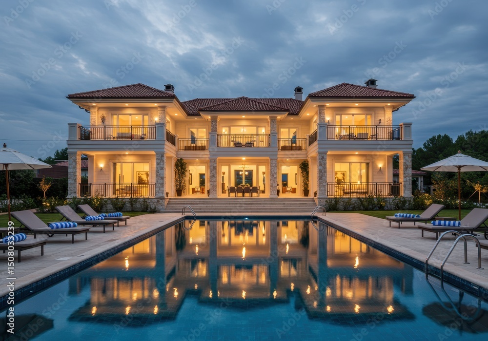 Fototapeta premium Luxury villa with swimming pool reflecting the sky at twilight