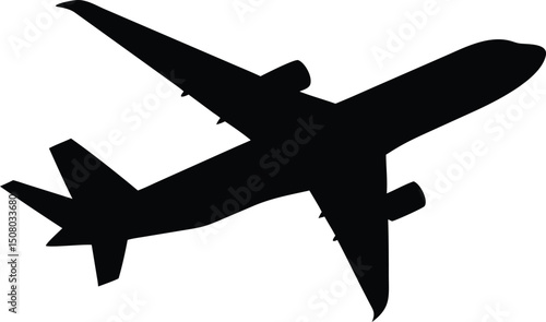 Low angle view of a black airplane taking off silhouette against white background