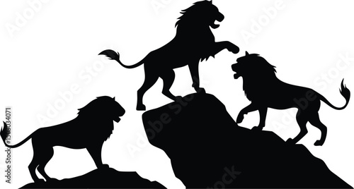 Majestic lion pride silhouettes stand powerfully atop rocky outcrops, creating striking contrasts against the white background