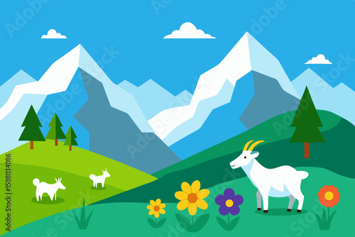 Sunny alpine meadow with grazing goats 