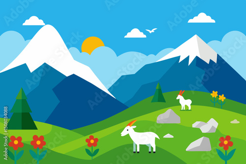 Sunny alpine meadow with grazing goats 
