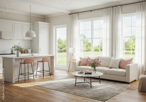 Wallpaper Mural Bright living room with kitchen and white sofa with pink pillows Torontodigital.ca