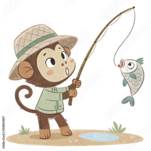 monkey Fishing with fish on the hook Minimal Clipart White Background