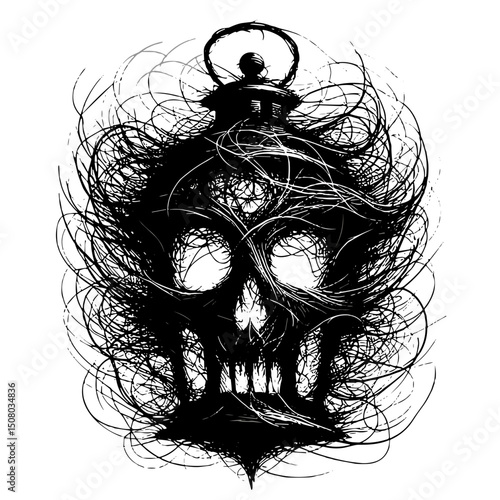 Sinister skull shaped lantern with swirling black lines and details  