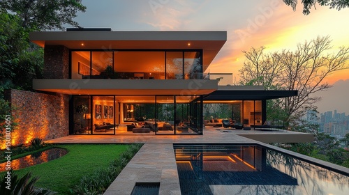 Modern luxury home with stunning views.  Expansive glass walls showcase the surrounding natural beauty.  Outdoor living space features a pool and patio. 