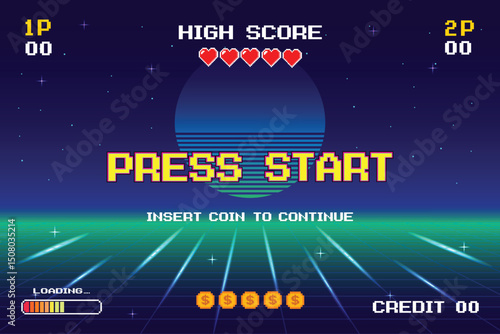 LEVEL UP. pixel art .8-bit game. Retro Futurism Sci-Fi Background. glowing neon grid. and stars from vintage arcade computer games