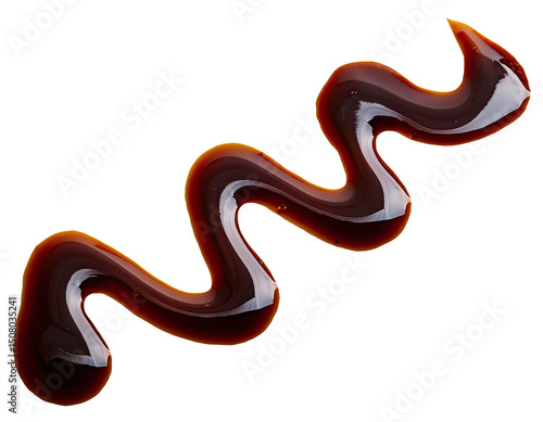 Zigzag Drizzle of Dark Fish Sauce on White Background, Close-Up of Liquid Splash