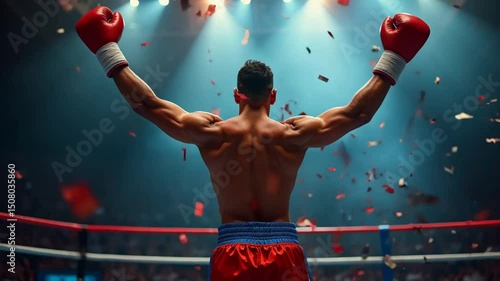 Victorious boxer with raised arms in boxing ring, backlit by stadium lights with confetti falling. Dramatic victory moment captures the raw emotion of sporting triumph