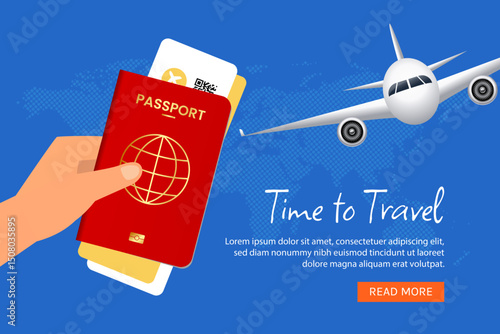 Time to travel banner Vacation trip offer concept with passport, ticket and airplane design
