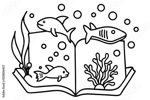 Outline drawing of fish swimming over a book filled with marine life