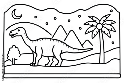 Outlined apatosaurus stands peacefully near palm tree under crescent moon, mountain backdrop