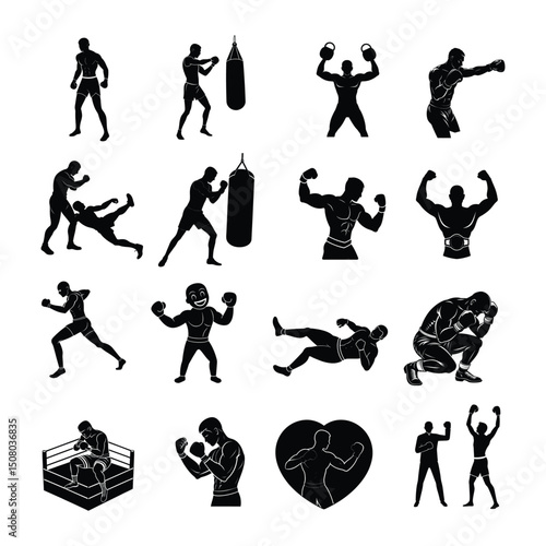 Boxing Silhouette Collection Fighters Training, Sparring, and Competing in Powerful Combat and Athletic Poses