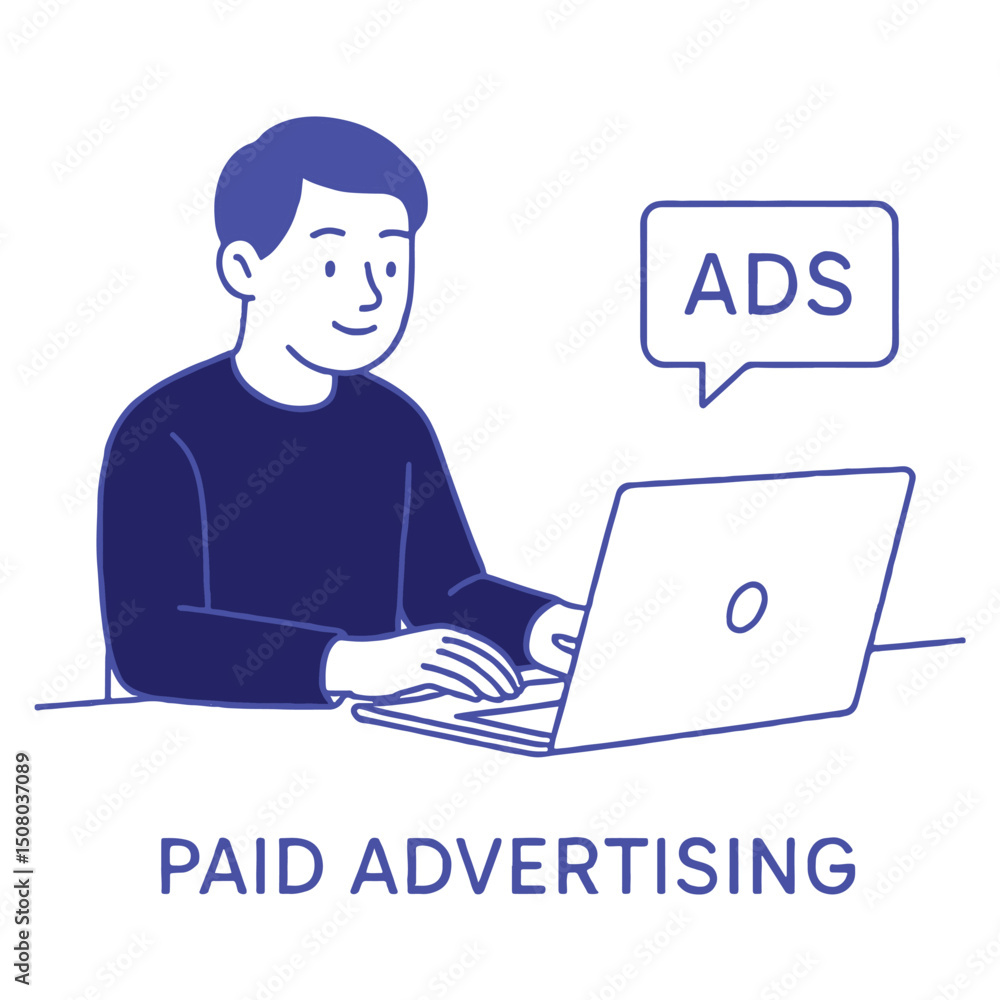 Man using laptop for paid advertising with ads message bubble. Digital marketing concept. Man using laptop for paid advertising with ads message bubble. Digital marketing concept.