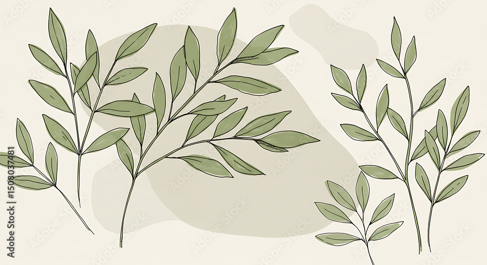 Fototapeta premium Elegant Green Botanical Illustration Line Art Leaves Branches Design