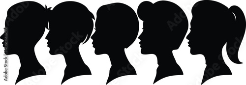 Several diverse female face silhouettes display various elegant haircuts in a sleek horizontal arrangement