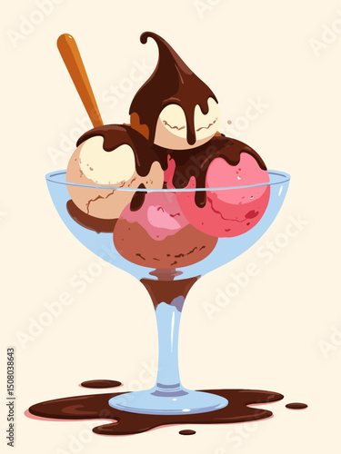slightly melted ice cream with chocolate and chocolate sauce in a glass bowl