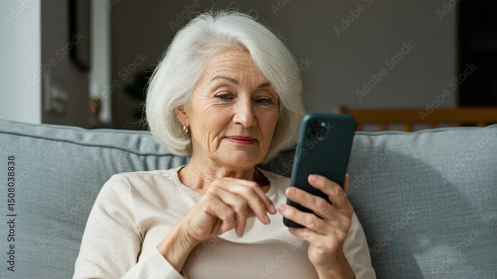Senior woman using smartphone on sofa Senior woman using smartphone on sofa