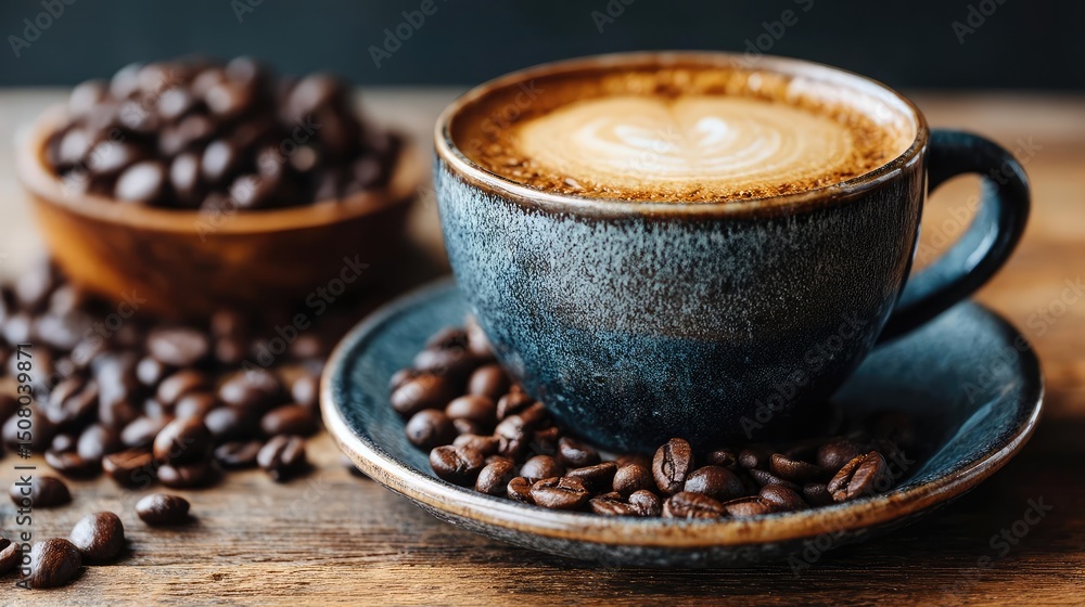 Coffee art latte beside beans on minimalist wooden table concept. A warm cup of coffee surrounded by fresh coffee beans. Coffee art latte beside beans on minimalist wooden table concept. A warm cup of coffee surrounded by fresh coffee beans.