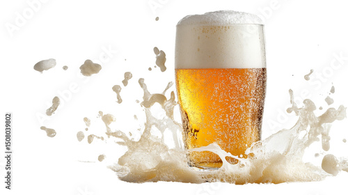 A frosty glass of beer with foam spilling over the top,Transparent background, PNG file