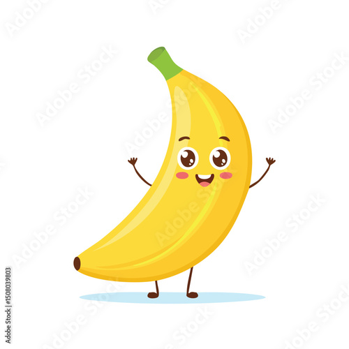 Banana in cute cartoon character style with expressive face and limbs.