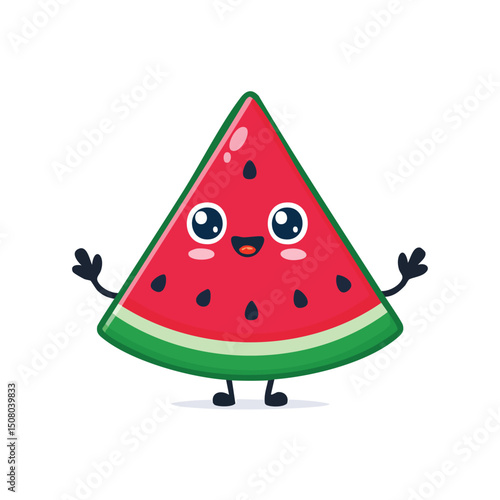 Watermelon in cute cartoon character style with expressive face and limbs.