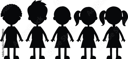 Silhouette group of children stand together, including three girls and two boys wearing skirts