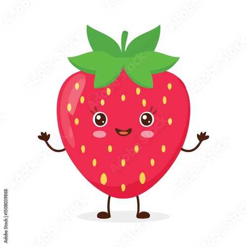 Strawberry in cute cartoon character style with expressive face and limbs.