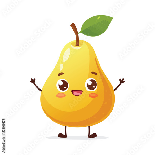 Pear in cute cartoon character style with expressive face and limbs.