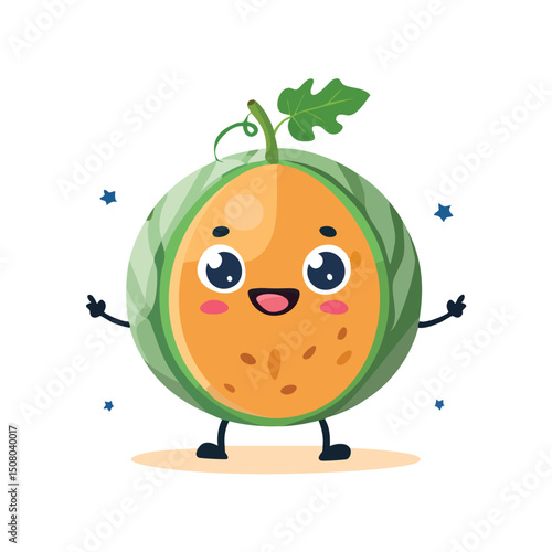 Cantaloupe in cute cartoon character style with expressive face and limbs.