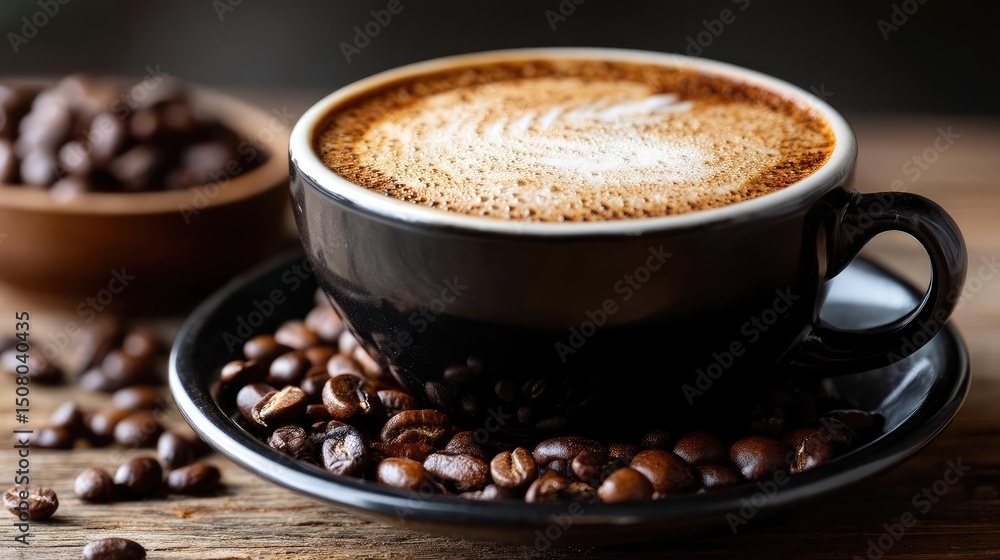 Coffee art latte beside beans on minimalist wooden table concept. Aromatic coffee in a black cup surrounded by coffee beans. Coffee art latte beside beans on minimalist wooden table concept. Aromatic coffee in a black cup surrounded by coffee beans.