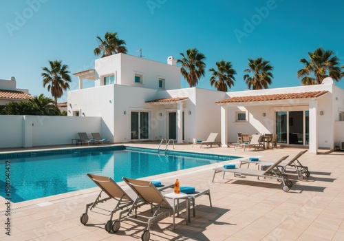 Modern white villa with swimming pool and palm trees under blue sky