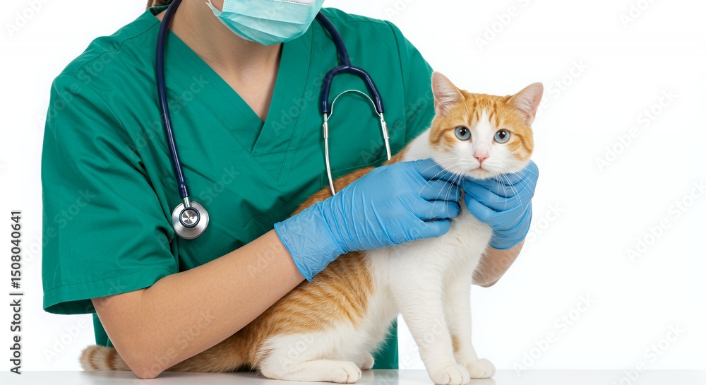Orange White Fur Cat Examined by Vet in Green Scrubs with Blue Gloves on White Background Medical Examination Pet Health Orange White Fur Cat Examined by Vet in Green Scrubs with Blue Gloves on White Background Medical Examination Pet Health