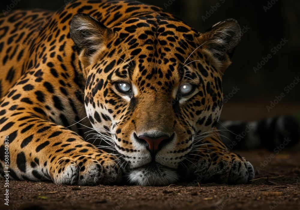 Naklejka premium Close up portrait of a resting jaguar with glowing eyes