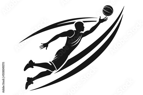 Silhouette of an athlete jumps to intercept a basketball, styled with curved motion lines