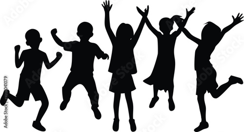 Silhouette of active kids jumping and celebrating with joy, showing movement and playful energy