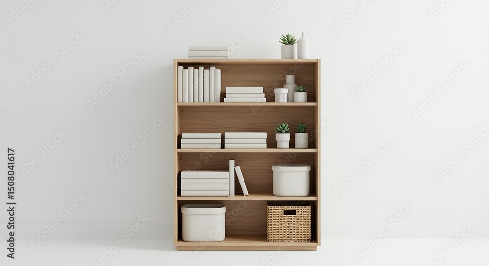 Organized wooden bookshelf against white wall Organized wooden bookshelf against white wall