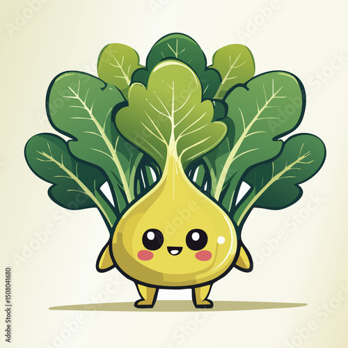 Mustard Greens in cute cartoon character style with expressive face and limbs.