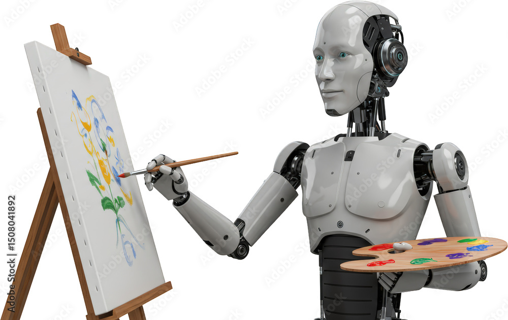Naklejka premium Futuristic Robot Artist Painting Vibrant Floral Artwork on Easel