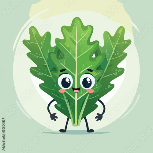 Arugula in cute cartoon character style with expressive face and limbs.