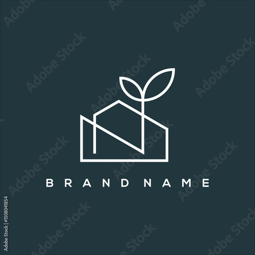 line art minimalist icon initial N and house leaf logo vector