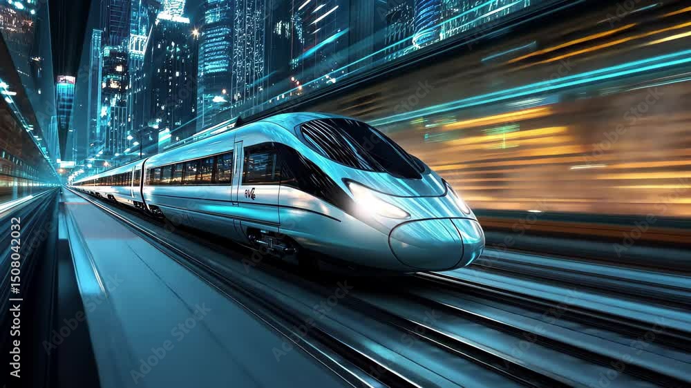 Futuristic high speed train gliding through a vibrant cityscape at night, High Speed Train in Futuristic City at Night Futuristic high speed train gliding through a vibrant cityscape at night, High Speed Train in Futuristic City at Night