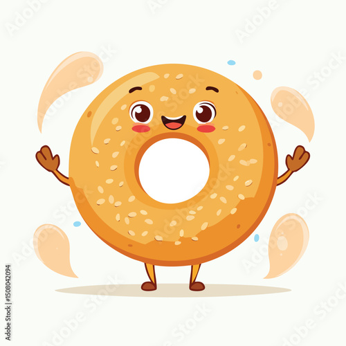 Bagel in cute cartoon character style with expressive face and limbs.