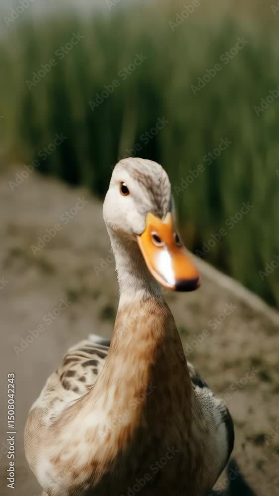 Single duck standing on sandy ground with tall grasses, orange feet and bill, and soft brown and white feathers in natural outdoor light Single duck standing on sandy ground with tall grasses, orange feet and bill, and soft brown and white feathers in natural outdoor light