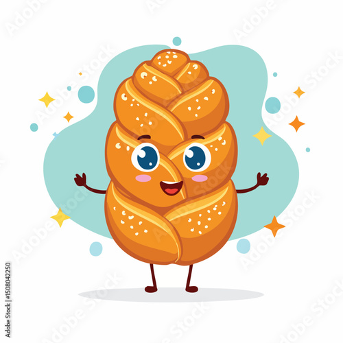 Challah in cute cartoon character style with expressive face and limbs.