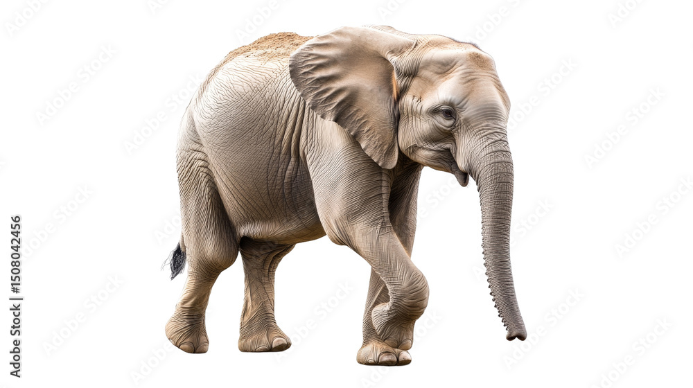 Fototapeta premium A gentle elephant walking forward with its trunk raised,Transparent background, PNG file